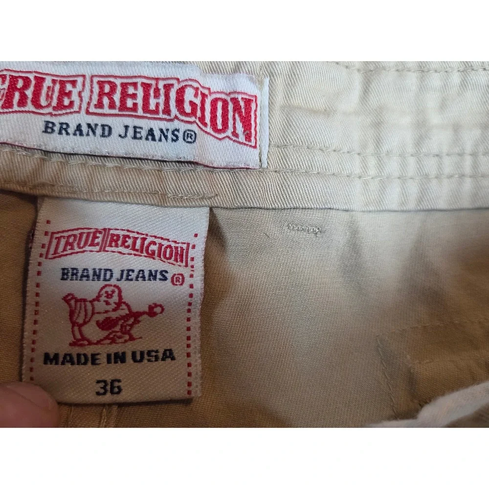 Vintage True Religion Joey Cargo Shorts Mens 36 Tan Khaki Made in USA Horseshoe